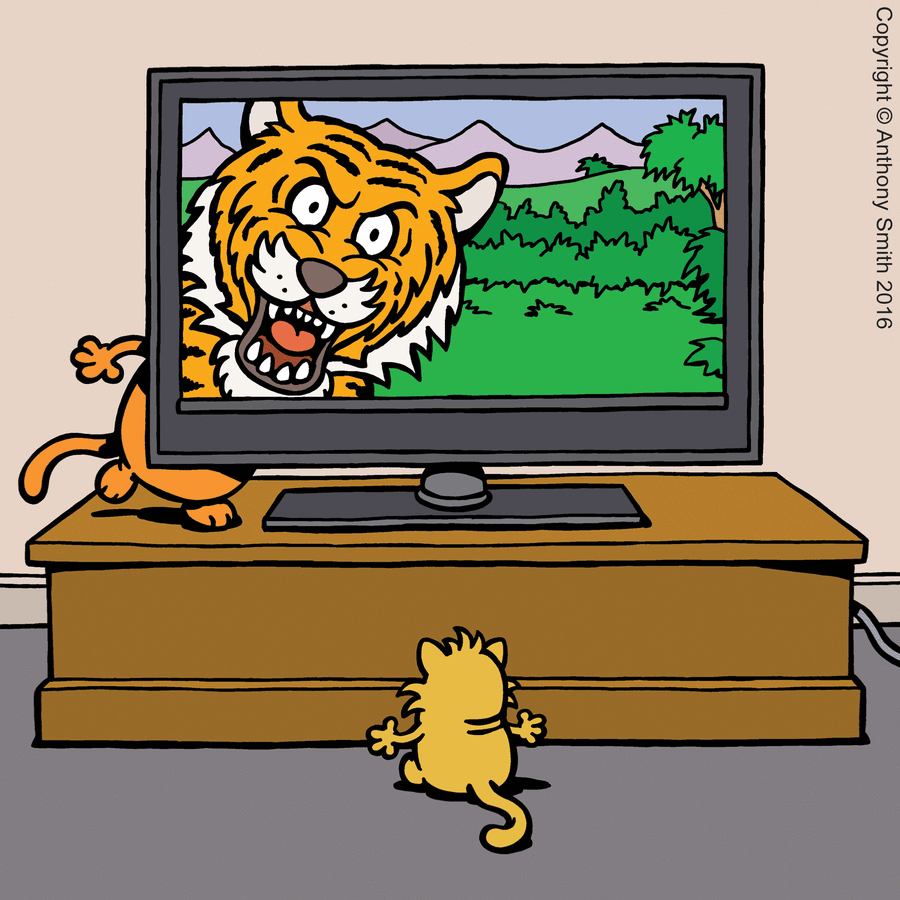 Cartoon cat watching a tiger on TV, highlighting the nature of cats in a humorous comic style.
