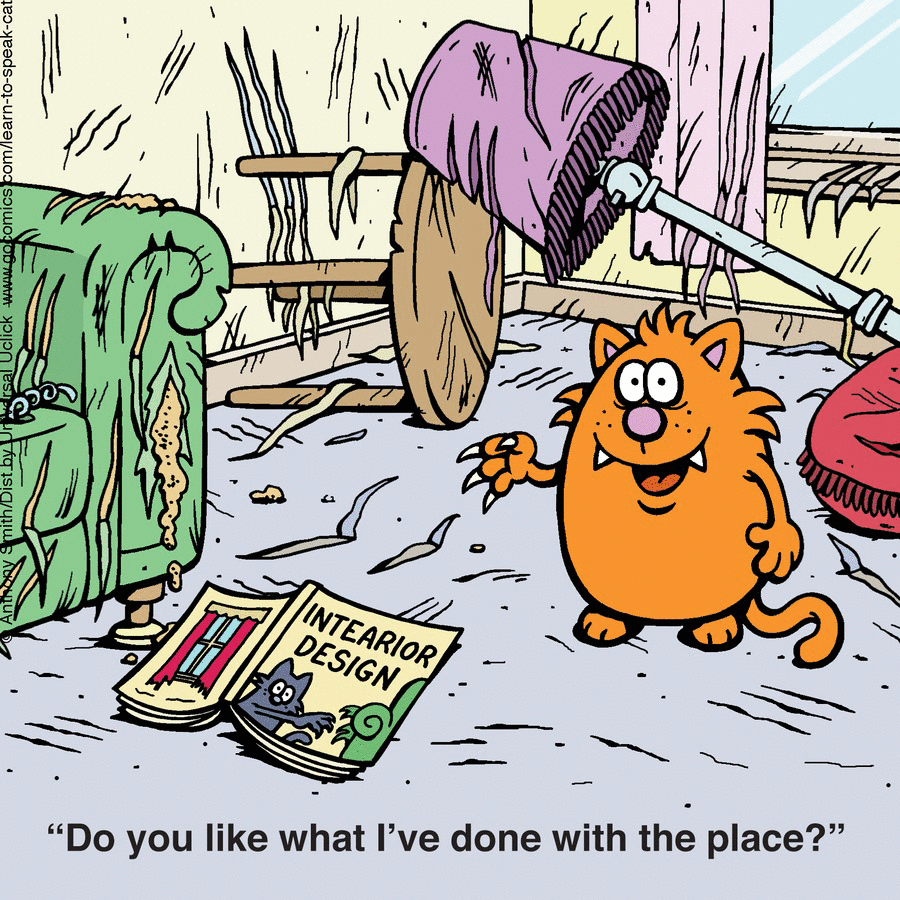Cartoon cat proudly stands in a destroyed room, illustrating the nature of cats and their playful chaos in home spaces.