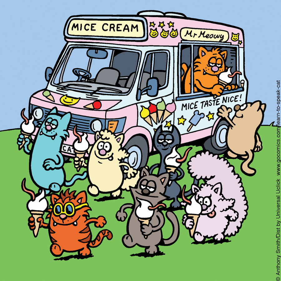 Cartoon cats enjoying ice cream from a colorful truck in a comic illustrating the nature of cats and their playful behavior.