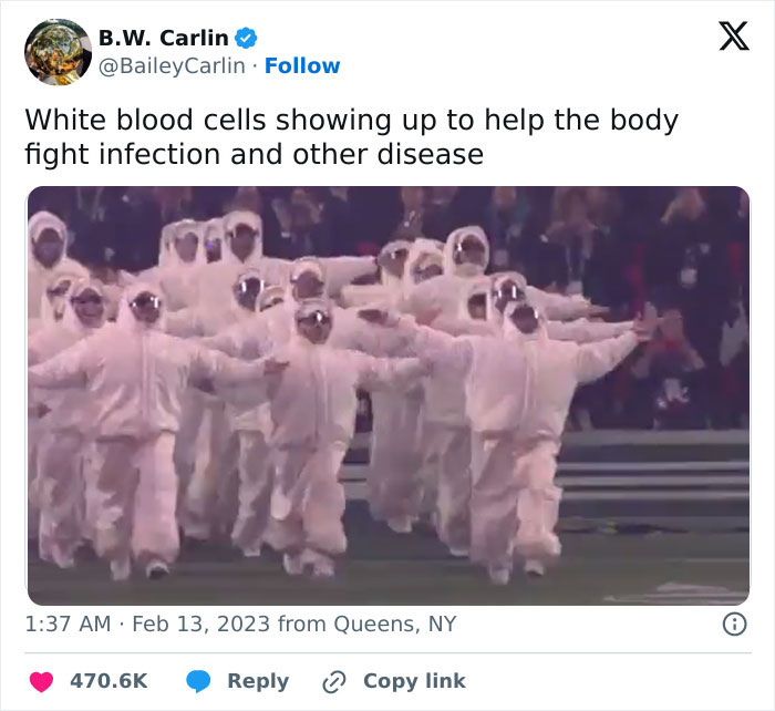 People in white suits, humorously compared to white blood cells, marching energetically. Funny memes 2023.
