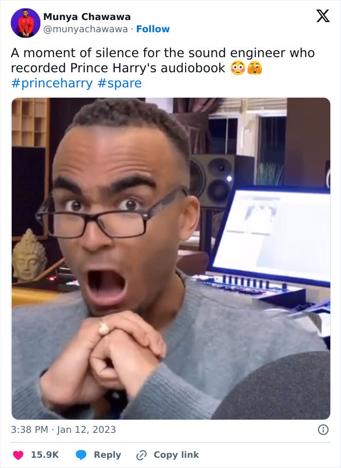 Man reacting humorously in a recording studio, referencing Prince Harry's audiobook, top funny memes 2023.
