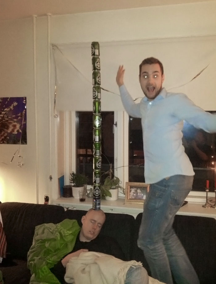 On New Year's Eve, After People Started Going Home From The Party, A Friend Of Mine Passed Out. We Decided To Have Some Fun By Stacking 12 Cans On His Head