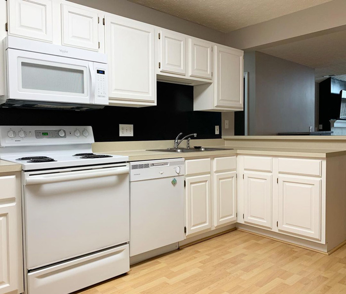 Chalk-painted kitchen cabinets