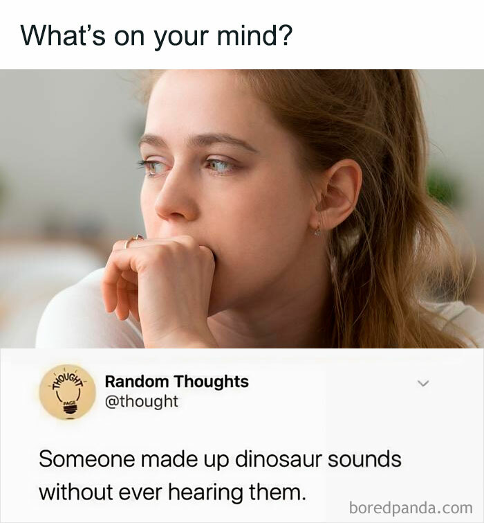 Thoughtful woman reflecting on common shower thoughts about dinosaur sounds made without hearing them.