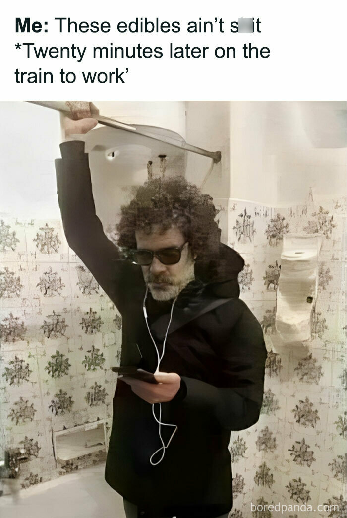 Funny meme of a man in sunglasses, holding onto a bathroom rod, humorously pretending to commute.
