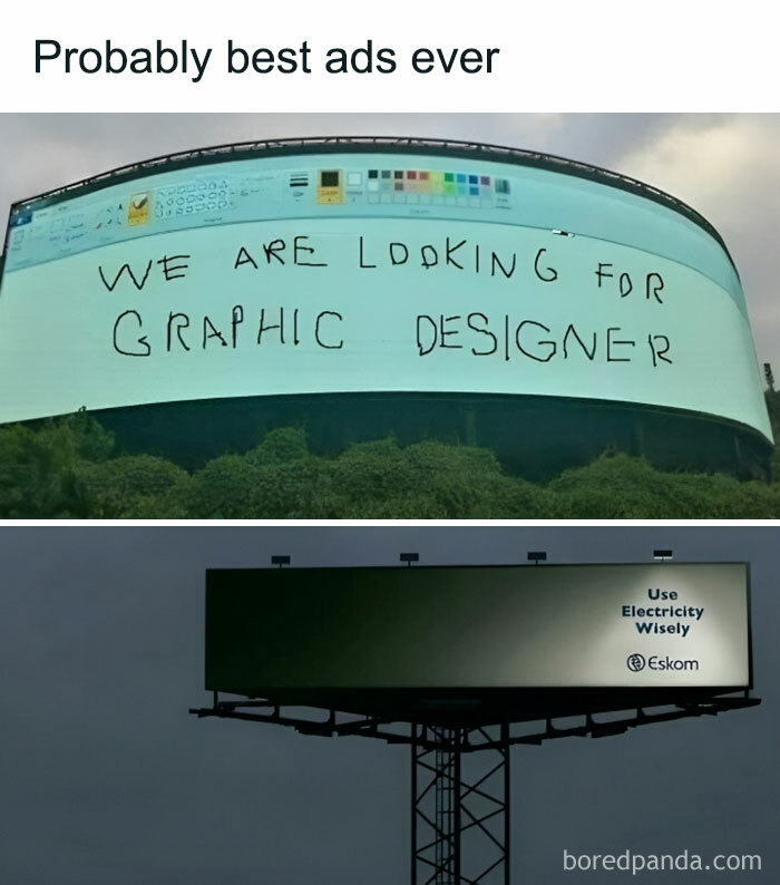 Billboards with funny memes, one seeking a graphic designer, the other advising to use electricity wisely.