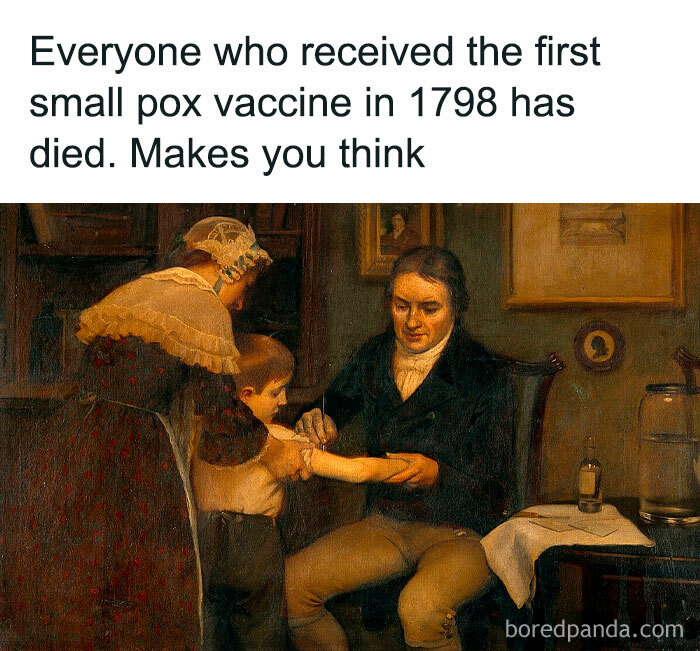 Painting of a historical vaccination with a sarcastic meme text above.