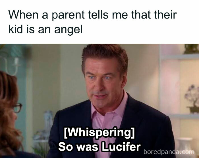 A man making a sarcastic remark about kids being angels in a funny meme.