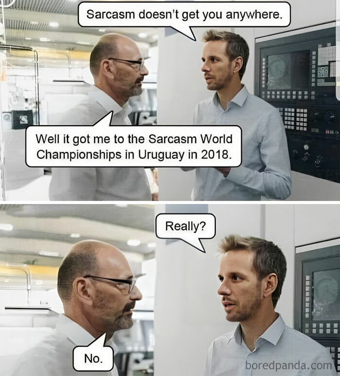 Two men in conversation with speech bubbles showcasing a sarcastic and funny meme about a fictional sarcasm championship.