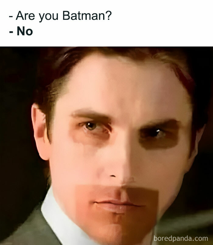 Man with half his face in shadow, caption reads, "Are you Batman? - No," representing sarcastic memes.