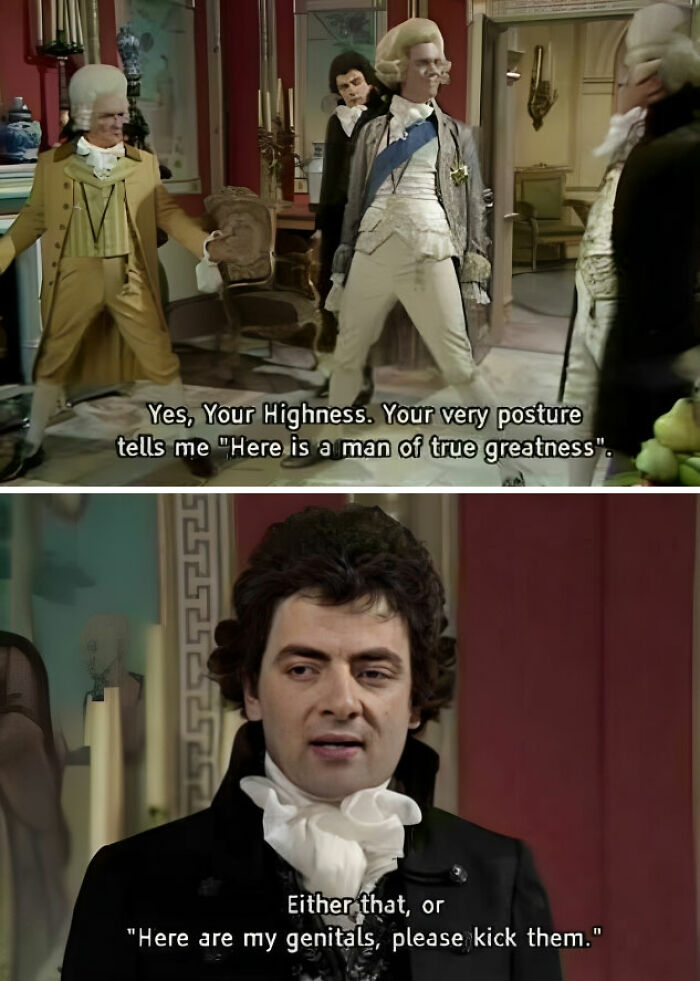 Scene from a historical comedy show with characters engaging in a sarcastic conversation.