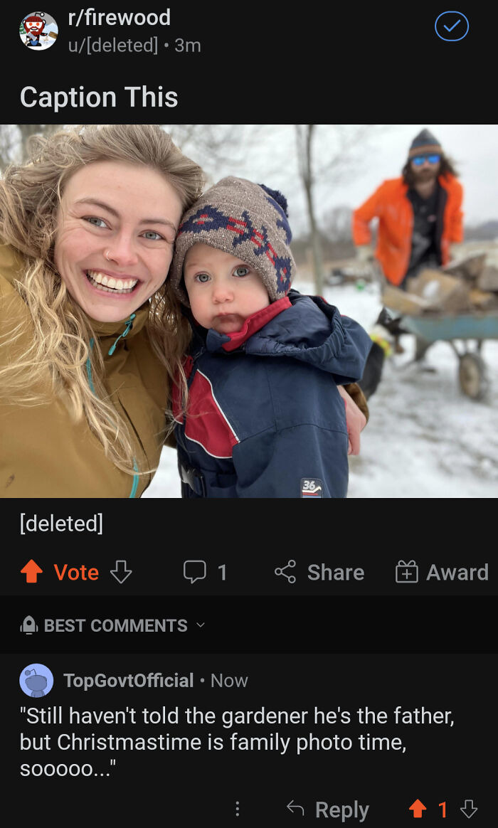 Woman and child taking a selfie in snowy background, with a man in orange in the distance. Sarcastic meme caption below.