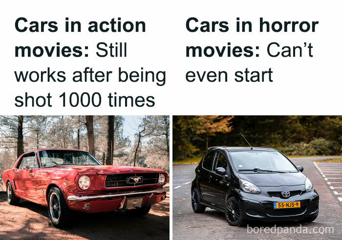 Sarcastic meme contrasting action movie car surviving damage and a horror movie car failing to start.