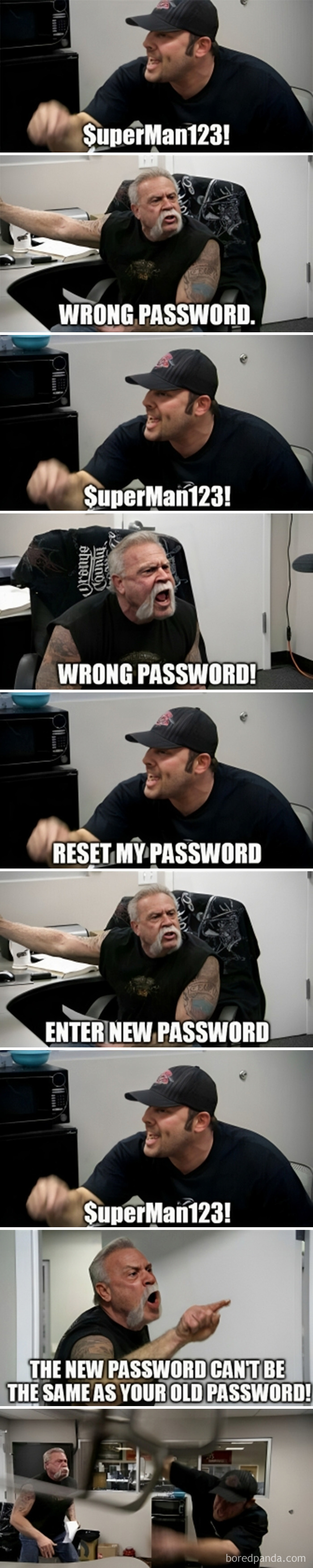 Man frustrated with password issue; a funny meme illustrating tech woes.