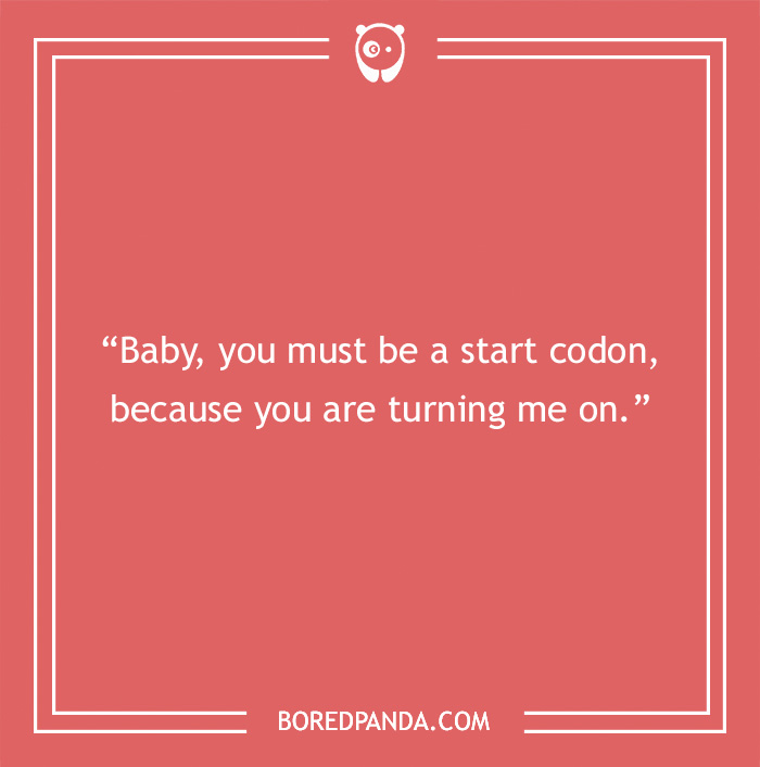 "Humorous science pick-up line on a red background with playful text and Bored Panda logo."