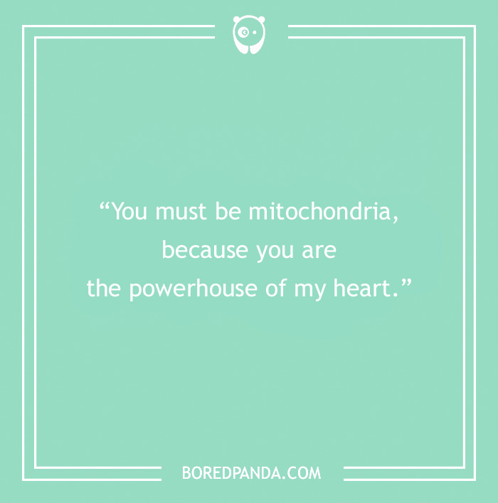 Science pick-up line: "You must be mitochondria, because you are the powerhouse of my heart."