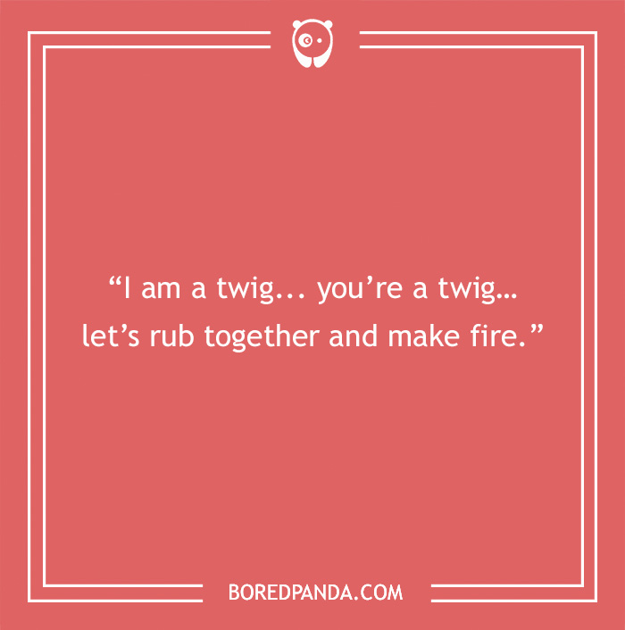 Science pick-up line on a red background saying "I am a twig... you're a twig... let's rub together and make fire."