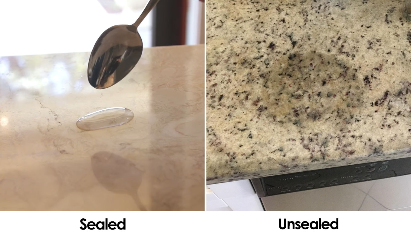 Examples of sealed and unsealed granite countertop. Examples of sealed and unsealed granite countertop.