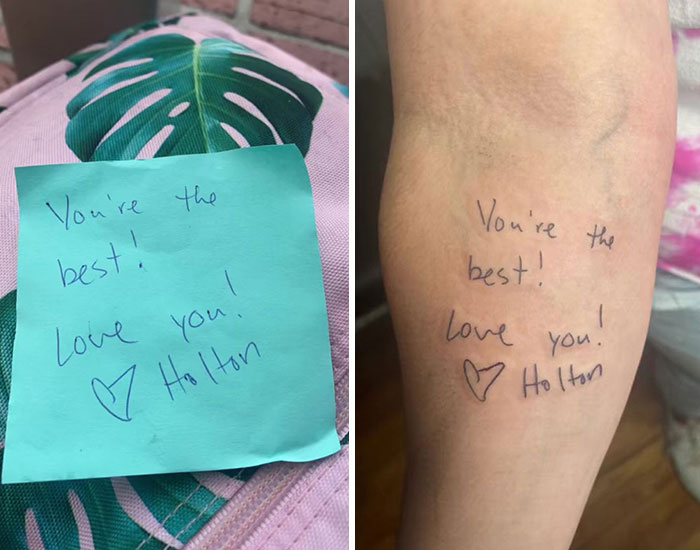 Handwritten teacher's note on a sticky note and matching tattoo on student's arm.