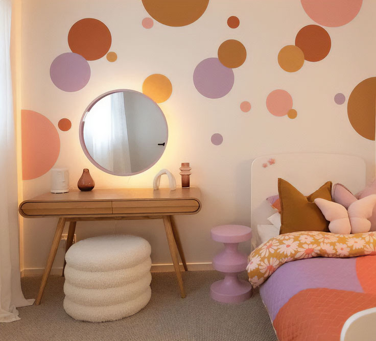 Polka dots wall painting design in a cozy bedroom with pastel colors and modern wooden vanity table.
