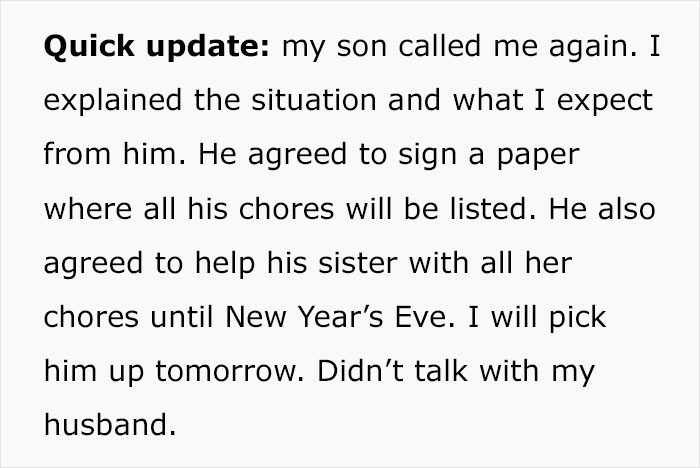 Text update about mom asking if kicking out husband and son before Christmas was an overreaction, with son agreeing to chores.