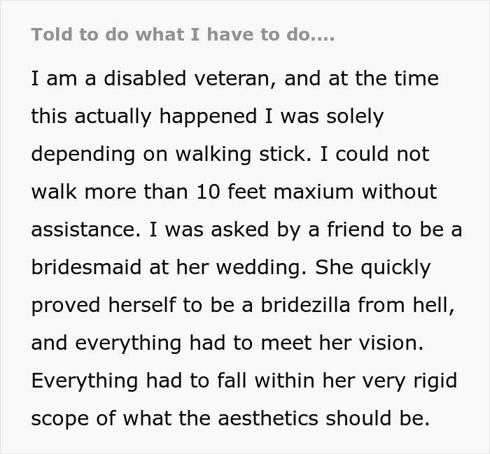 Bridezilla Hides Veteran's Cane That Doesn't Fit Her Wedding Aesthetic, Regrets It Immediately Bridezilla Hides Veteran's Cane That Doesn't Fit Her Wedding Aesthetic, Regrets It Immediately