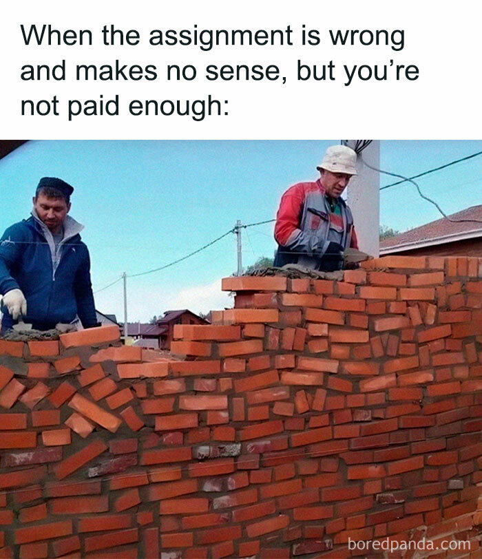Two workers building a crooked brick wall, showcasing funny work memes.