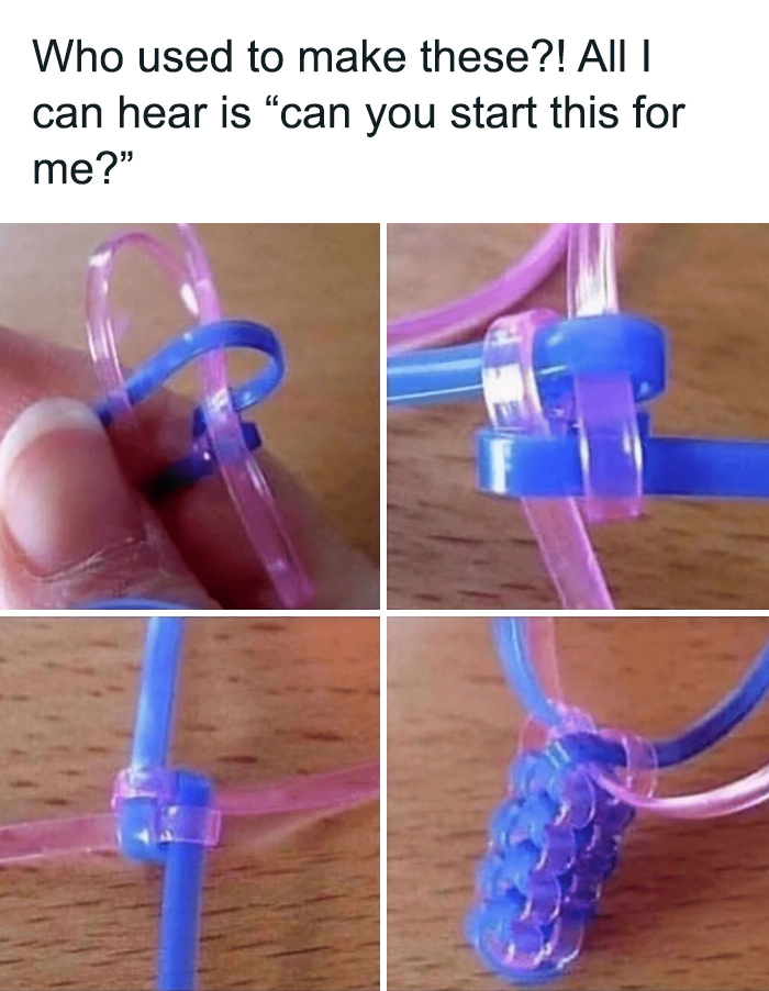 Crafting a plastic lanyard keychain, a nostalgic meme highlighting 2000s trends with pink and blue strands.