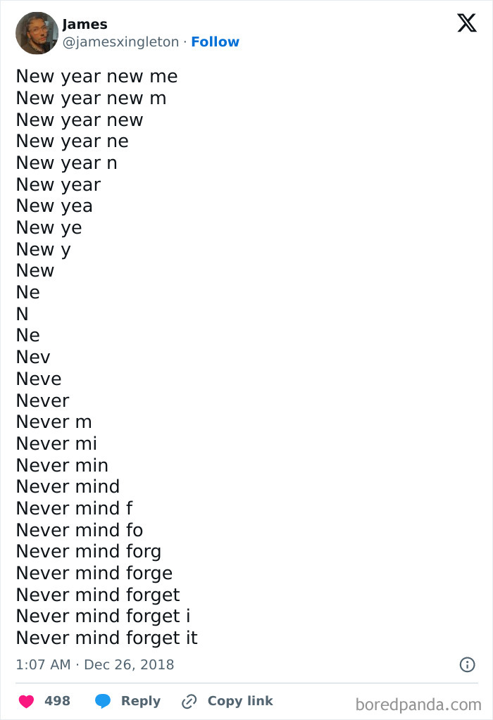 Twitter post showing a humorous tweet about New Year's resolutions gradually changing from motivation to giving up.