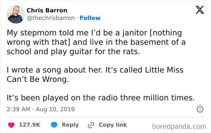 Tweet sharing a nostalgic ’80s and ’90s meme about a janitor song played three million times on the radio.
