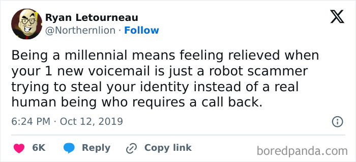 Tweet about millennials feeling relieved when their voicemail is a robot scammer, a funny meme for social moments.