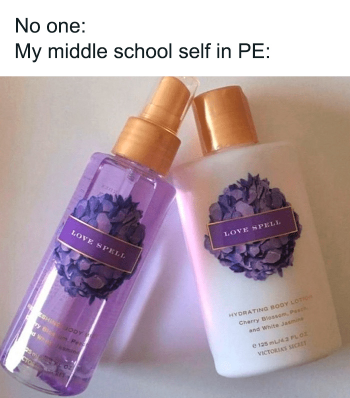 Two Love Spell body products, capturing the essence of 2000s nostalgia in a humorous meme.