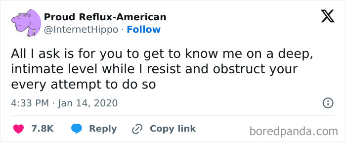 Funny meme tweet about resisting social interaction while wanting to be known deeply, illustrating humor in times of low social energy.