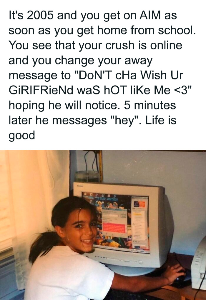 Young girl smiling while using a computer, capturing the essence of 2000s nostalgia through AIM chat interactions.