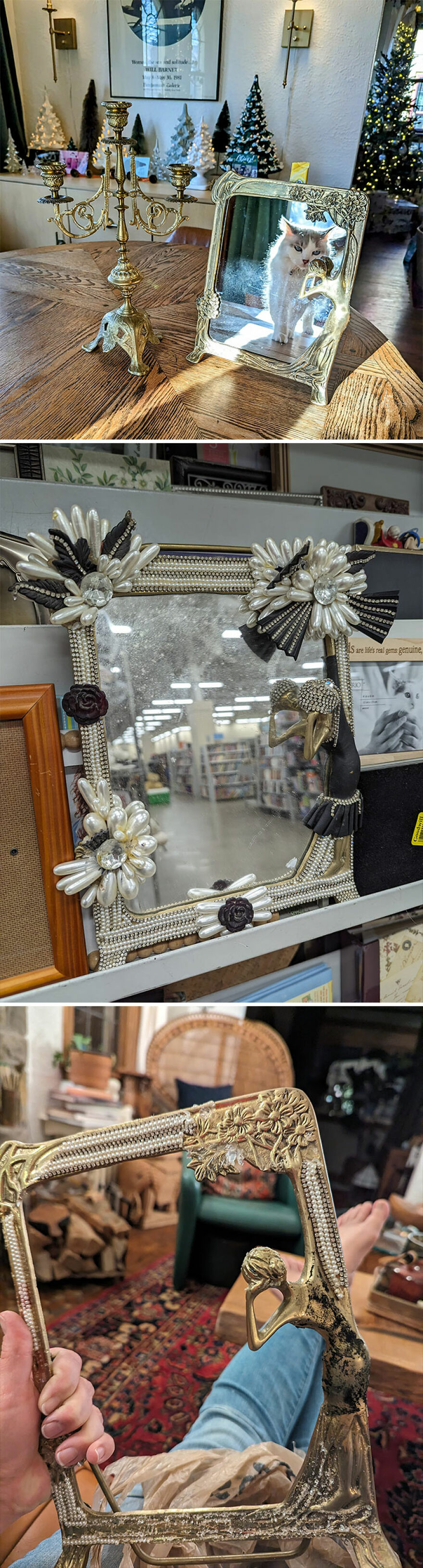 I Don't Know What It Is With Me And Fripperous Things That Need To Be De-Fripped. I Almost Walked Right On By This Jewel-Daubed Monstrosity At Goodwill In Waukesha Wi A Few Days Ago, Then I Realized The Hot Glue Crusted Pearls Were Hiding A Solid Brass Mirror. Eunice Marshmallow Needs Another Remove Surface In Which To Admire Her Snowy Toasted Visage, So I Spent Some Time Removing The Frippery, Flimflam, And Foolishness. Add In A Brass Candelabra (Also From Goodwill) And We're Just About Halfway To A Meatloaf Music Video. At Last , I've Done Something To Gain The Cat's Approval