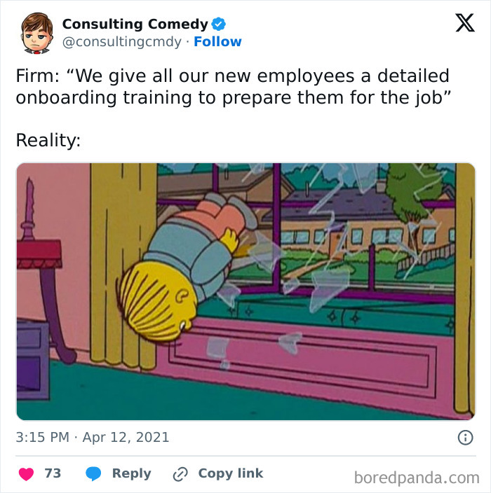 Cartoon character crashing through a window, illustrating consulting comedy on employee training.