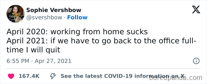 Tweet humorously comparing working from home frustrations in 2020 to office return dread in 2021.