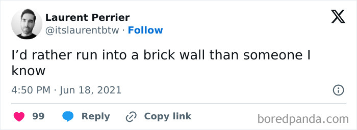 Tweet by Laurent Perrier with a funny meme about preferring to avoid social interaction during unsocial times.