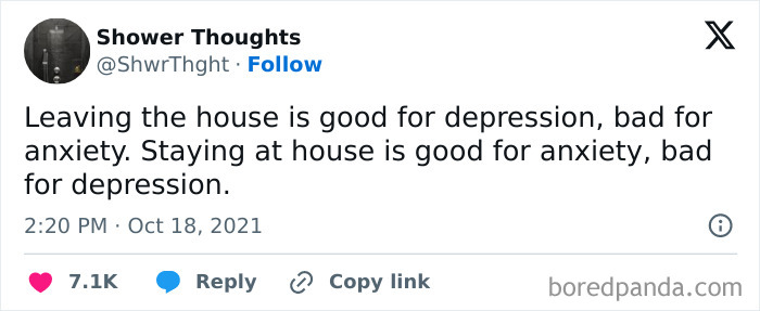 Tweet from Shower Thoughts about the balance between anxiety and depression, featured in funny memes to enjoy.