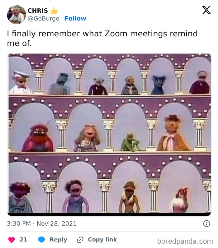 Muppet characters in a grid resembling a video call, humorously comparing to Zoom meetings.