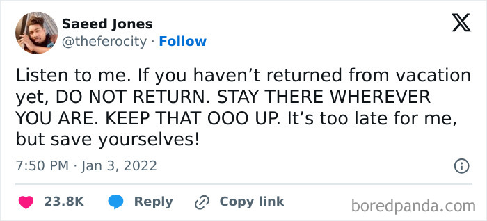 Funny WFH meme about extending vacation to avoid returning to work.