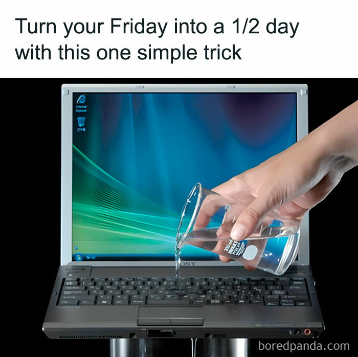 A hand pouring water onto a laptop keyboard, humorously suggesting a solution to work stress with funny work memes.