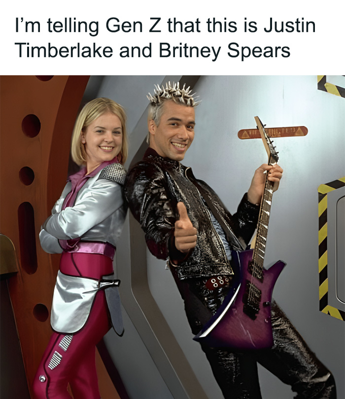 Two people in futuristic outfits with a guitar, humorously representing a 2000s meme.