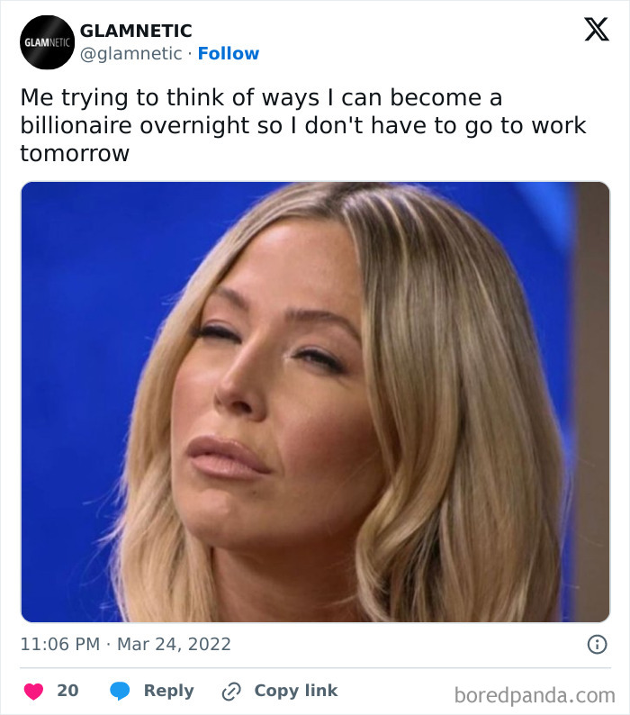 A woman squints with a pondering expression, humorously reflecting on work-from-home challenges.