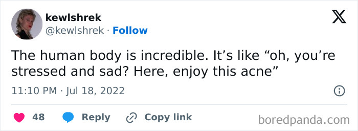 Tweet about the human body’s humor during stress, featured in funny memes to enjoy when not feeling social.