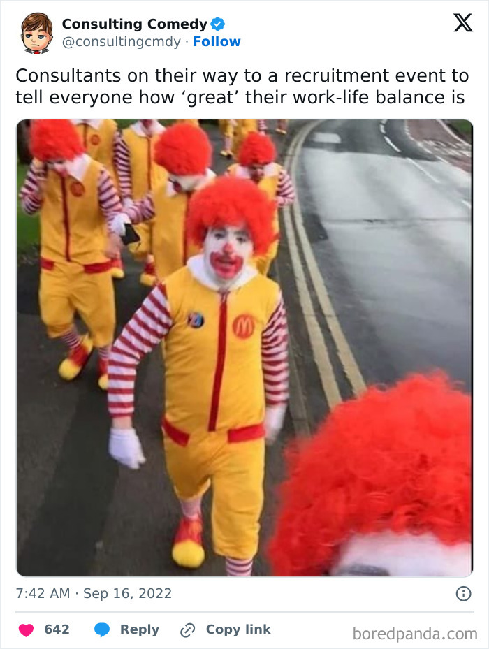 Multiple people dressed as characters in clown costumes on a street, embodying consulting comedy.