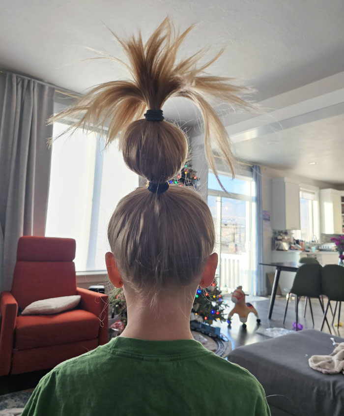 Today Is Grinch Day In My Daughter's Class At School. She's Been Giggling Uncontrollably Since My Wife Did Her Hair