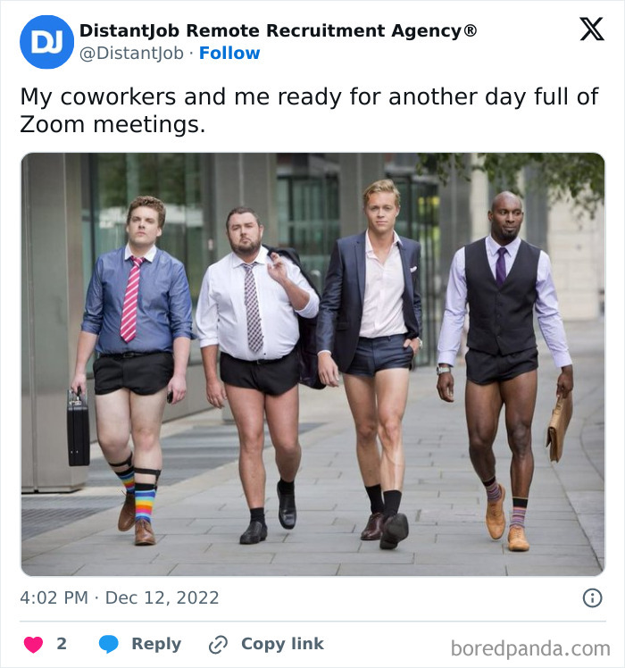 Four men in business attire with shorts, humorously highlighting the WFH meme culture.