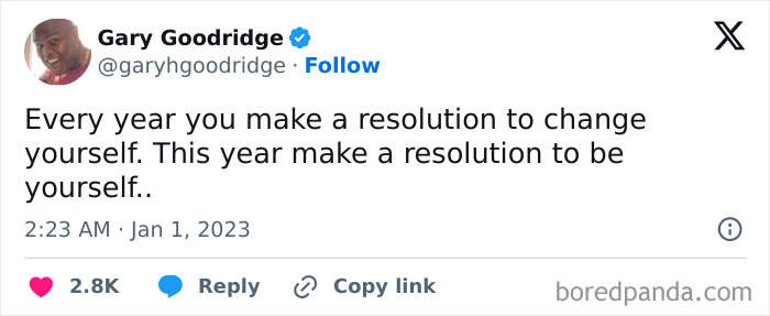 Tweet by Gary Goodridge humorously encouraging authentic New Year's resolutions for personal change in a casual social media post.