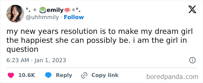 Tweet about a New Year's resolution to make the dream girl the happiest, shared humorously on social media.